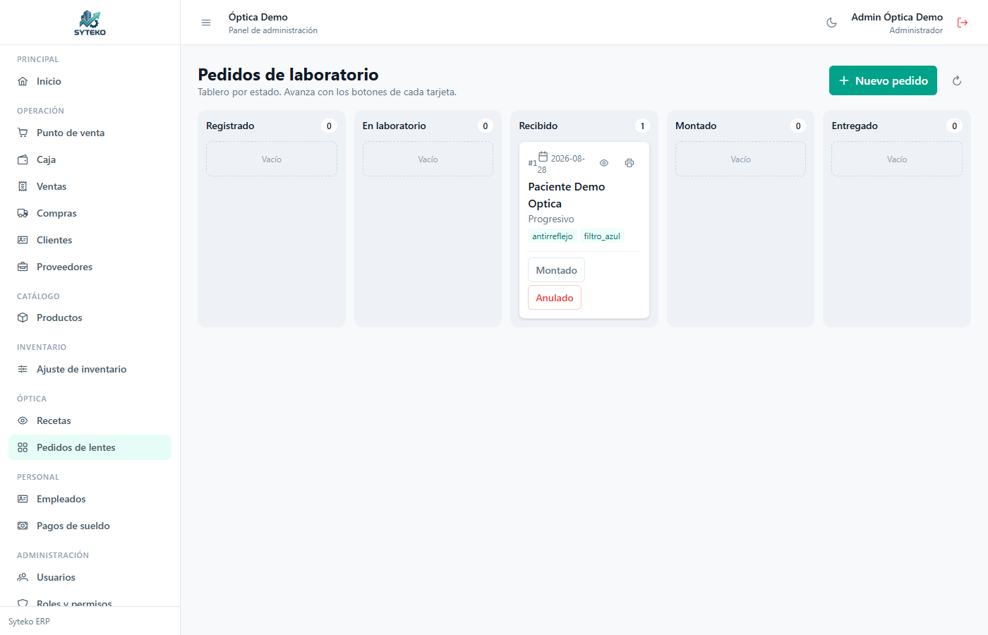 Pedidos de lentes por estado